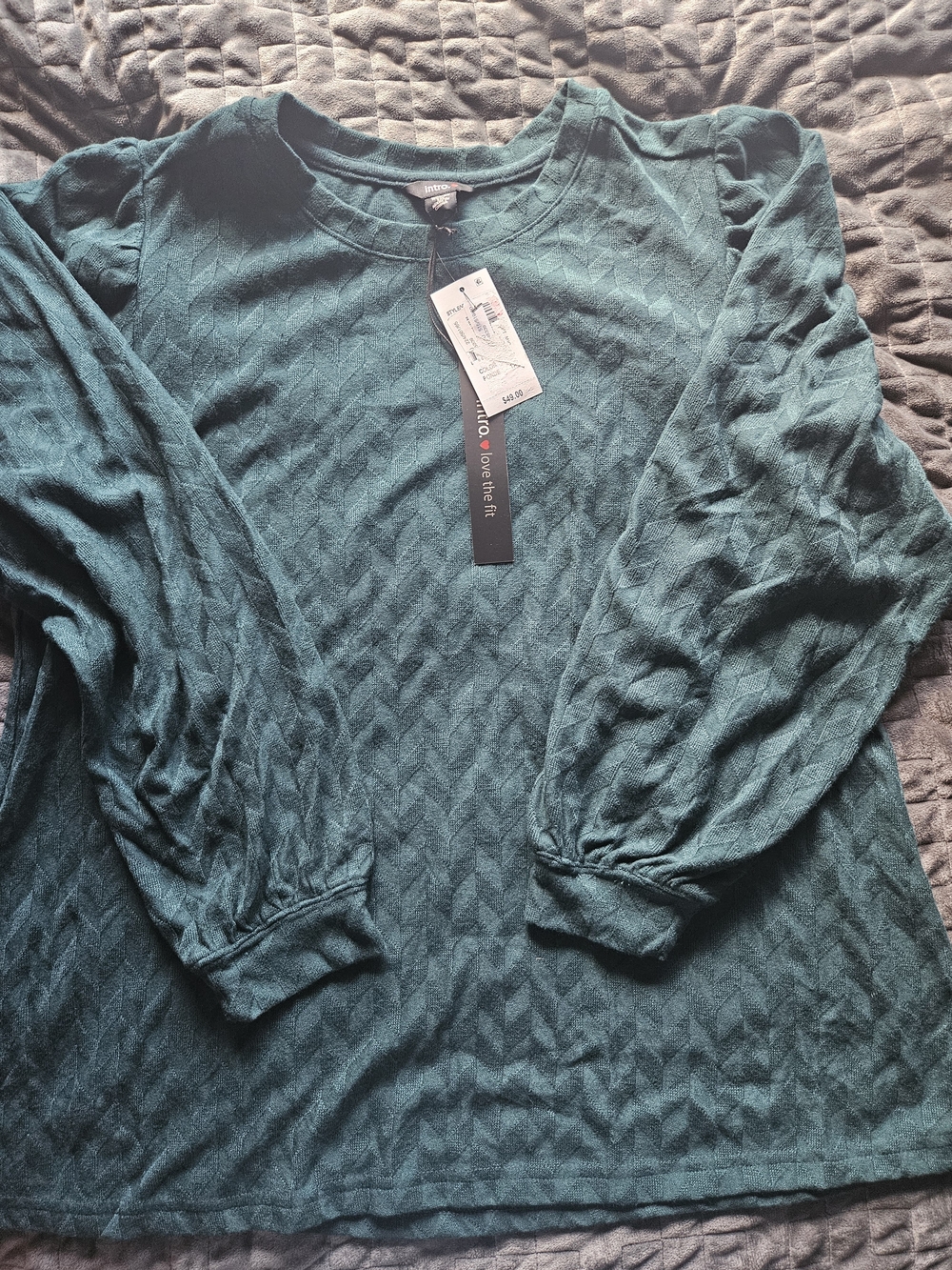 intro. Teal Jacquard Puff-Sleeve Long Sleeve Top